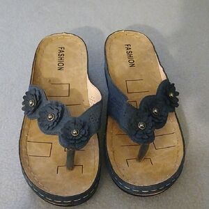 Women's Navy Floral Toe-Post Sandals